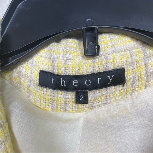 Theory Size 2 Tweed Blazer Jacket Yellow Plaid Cotton Single Breasted Pockets - Picture 3 of 8